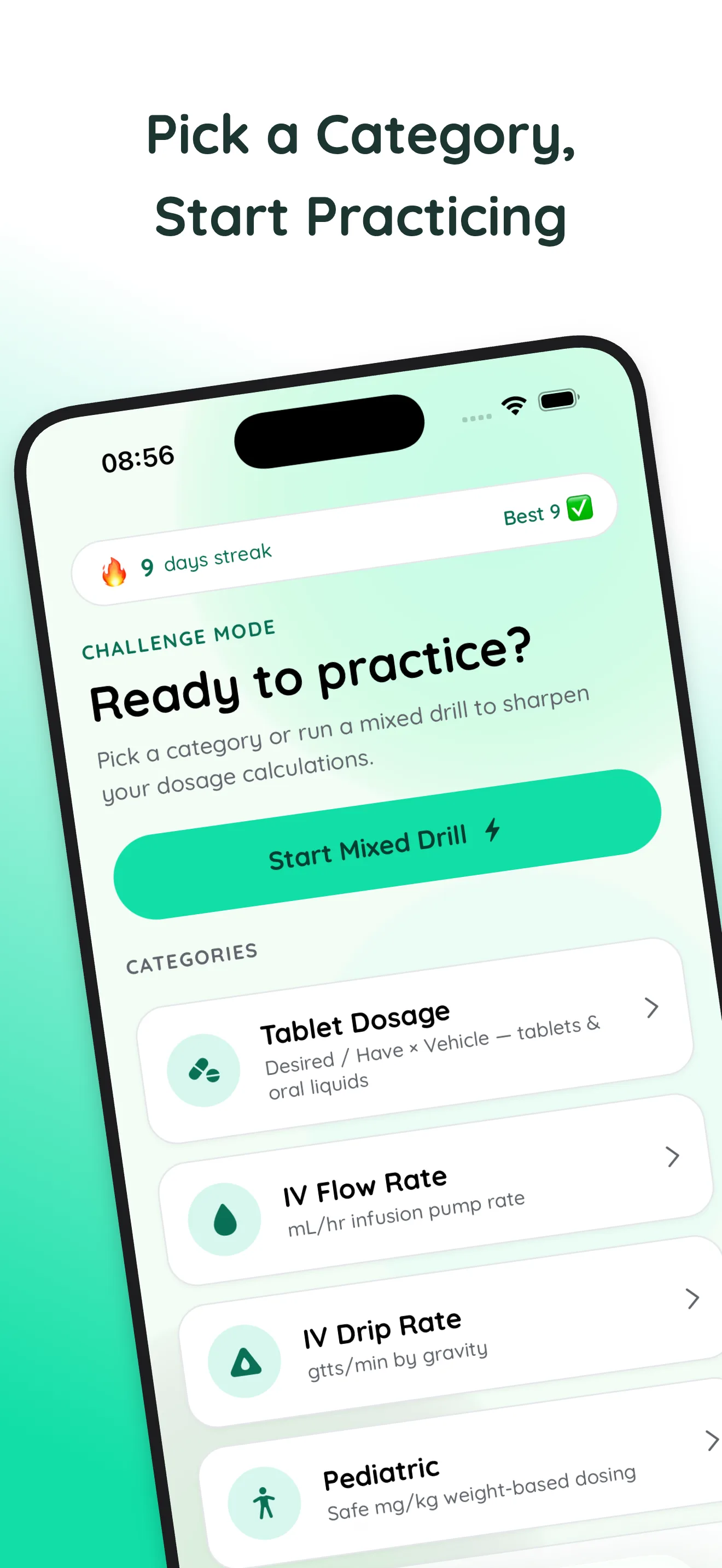DoseRightRN home screen showing a 9-day streak, Start Mixed Drill button, and category list